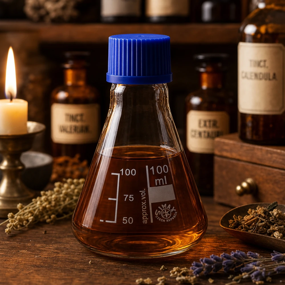 Frasco de vidro castanho de 100 ml Erlenmeyer com tampa de rosca azul para aromaterapia e misturas de ervas