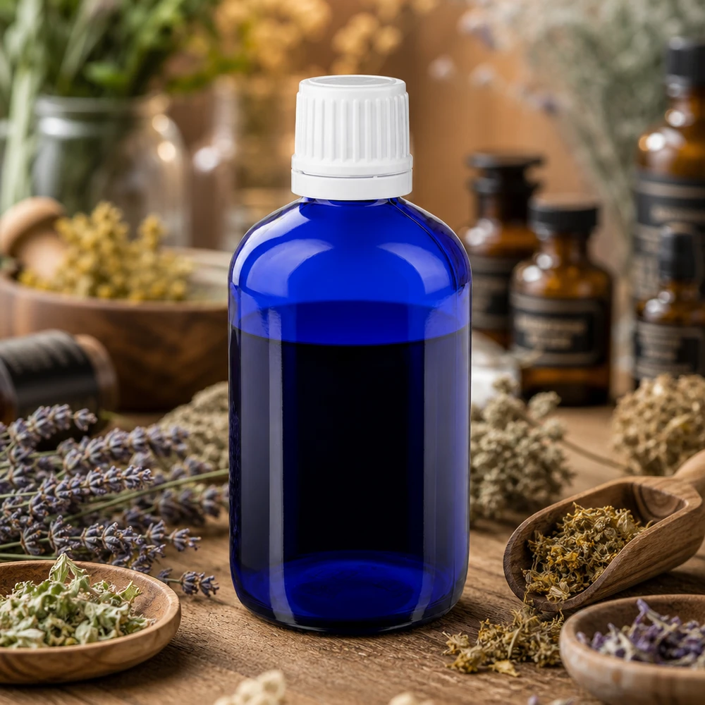 Frasco de farmácia azul 20ml tampa conta-gotas branco padrão resistente a crianças Frasco de vidro compacto em azul cobalto, de 20 ml, com tampa de segurança branca, entre ervas e plantas medicinais