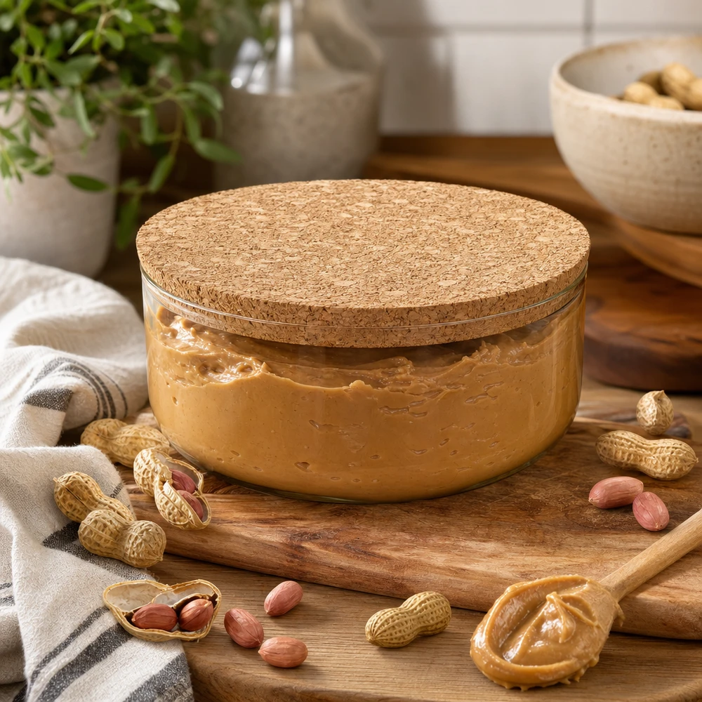 WECK RR80 cortiça natural na cozinha acolhedora com o frasco de manteiga de amendoim amendoins arrumação prática