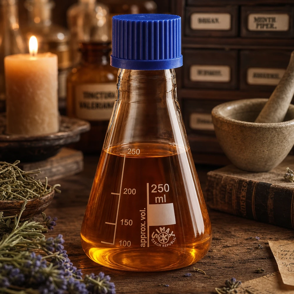 Balão de vidro de 250 ml em forma de Erlenmeyer com marcas de medição e tampa azul para laboratório de química