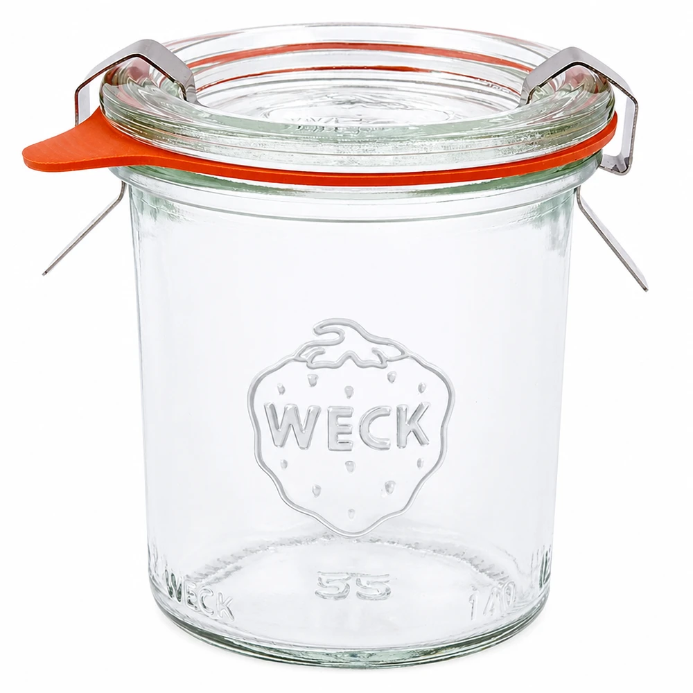 Copos de vidro de 140ml completos WECK RR60 Conjunto completo de copos WECK 140ml RR60 com tampa de vidro, anel de borracha e pinças para conservas