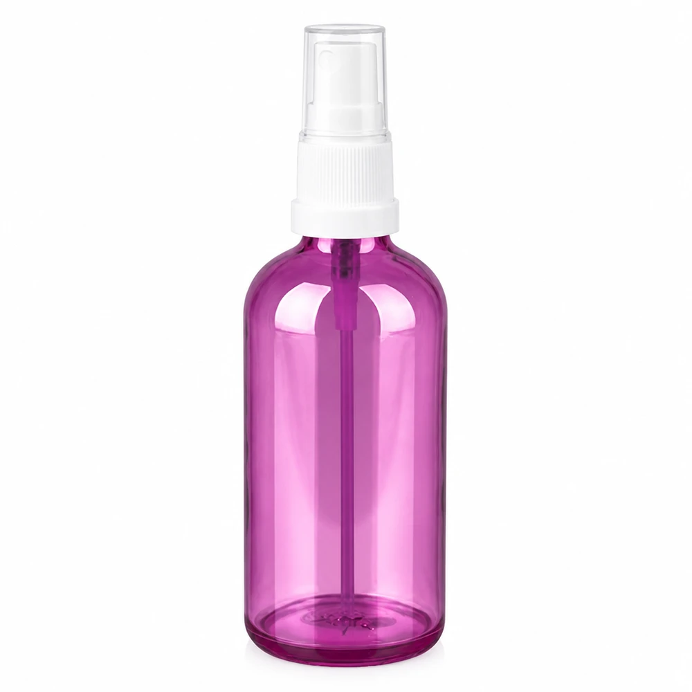 Frasco de spray de 100 ml branco/transparente Standard PurpleLine UT18/100 Frasco de spray de 100 ml transparente roxo com atomizador branco para cosméticos e produtos de cuidado
