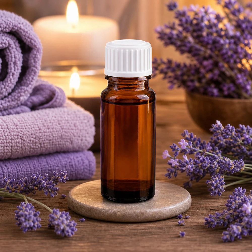 Frasco de farmácia castanho 10ml tampa de rosca branco standard Frasco de vidro castanho para aromaterapia, 10 ml, com tampa branca, entre flores de lavanda e velas