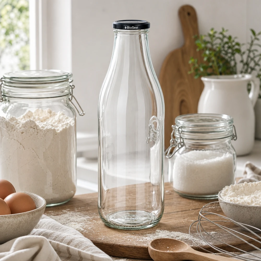 Garrafa de vidro de 1000 ml + tampa BioSeal preta UNiTWIST Frasco de vidro de 1000 ml com tampa BioSeal na cozinha entre frascos de arrumação farinha açúcar utensílios de cozinha estilo de vida