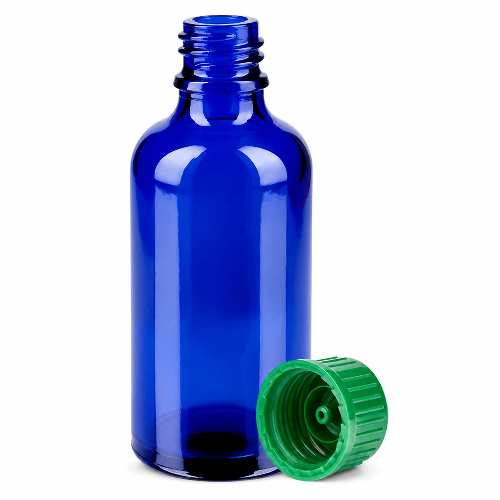 Frasco de 50ml com tampa de rosca de 11mm verde Standard BlueLine UT18/50 Frasco de vidro âmbar de 50 ml com rosca DIN de 18 mm e tampa de segurança para crianças para medicamentos