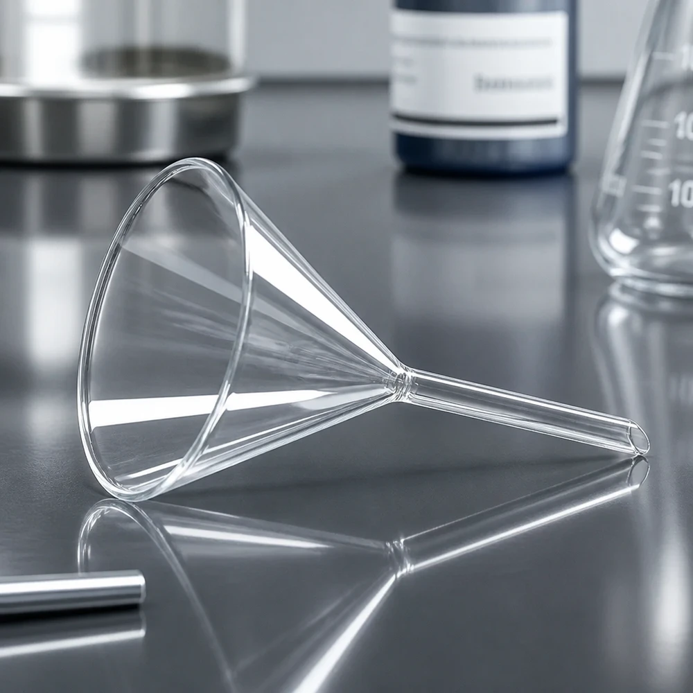 Funil ø80mm cal sodada, ângulo 60°, estilo curto Funil de vidro transparente de 80 mm com ângulo de 60° para uma transferência limpa em ambiente laboratorial