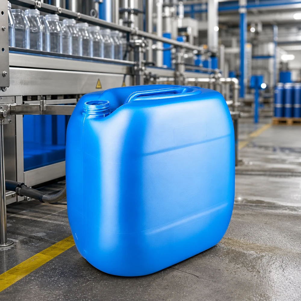 Bidão azul vazio de 30 litros, sem tampa, numa instalação de enchimento industrial