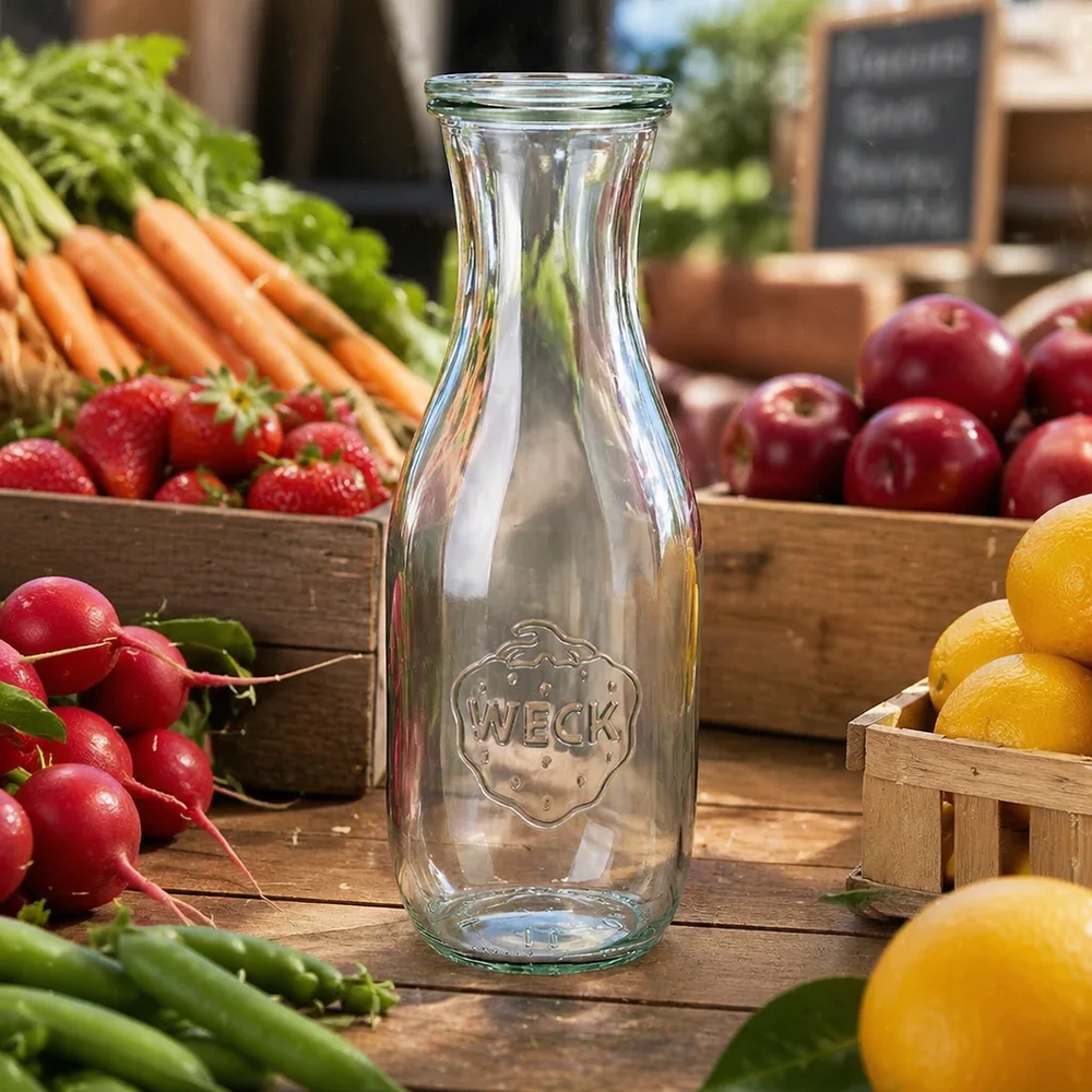Garrafa para sumo de 1062 ml com tampa de vidro WECK RR60 Garrafa de sumo WECK 1062ml transparente vazia em cima de uma mesa de madeira com fruta fresca legumes rabanetes cenouras limões maçãs