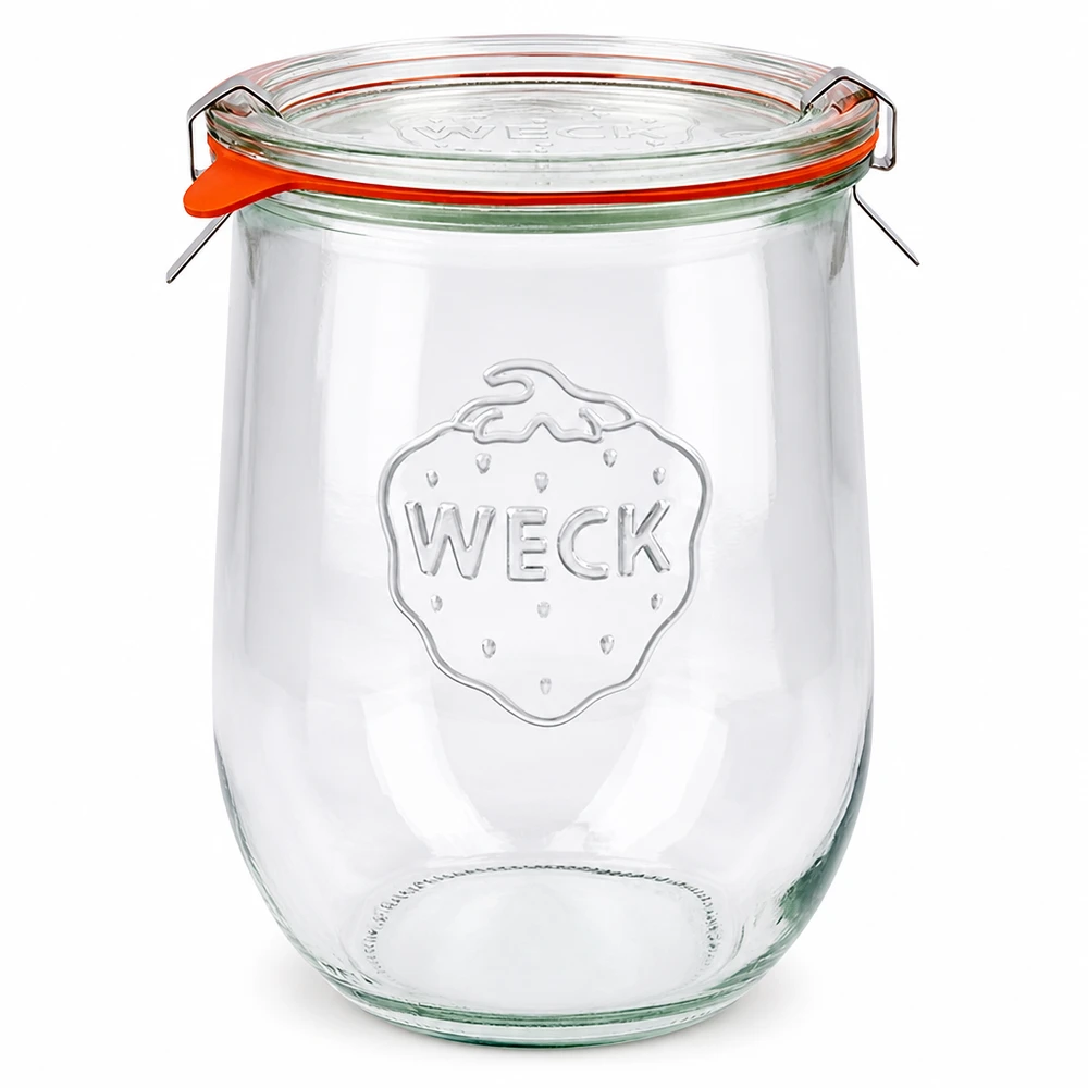 Frasco tulipa WECK 1062ml RR100 com tampa de vidro, anel de borracha e pinças para conservação e armazenamento