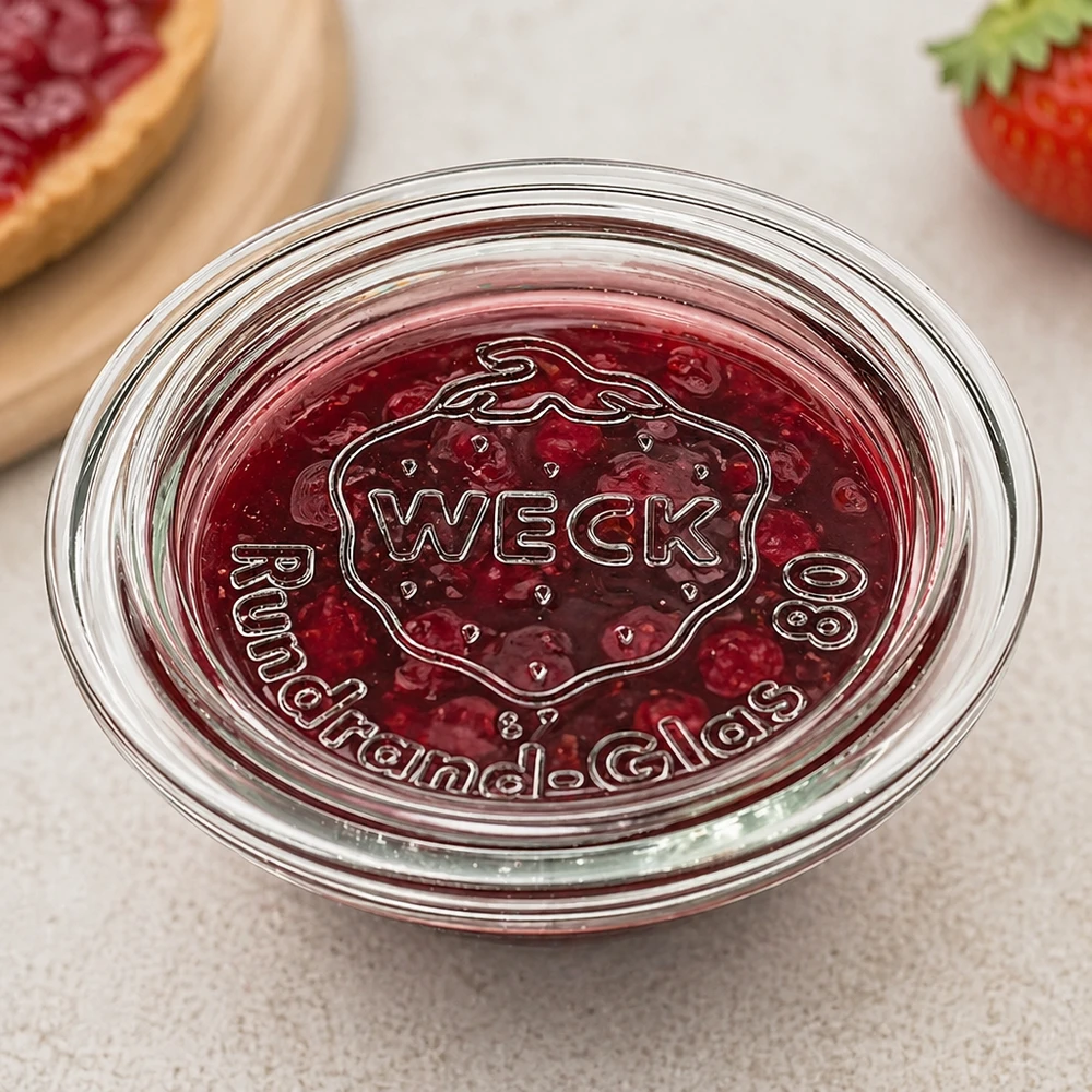 Tampa de vidro WECK RR80 WECK Glasdeckel RR80 mit Marmelade befüllt zeigt praktische Verwendung als Schale für Konfitüre und Aufstriche