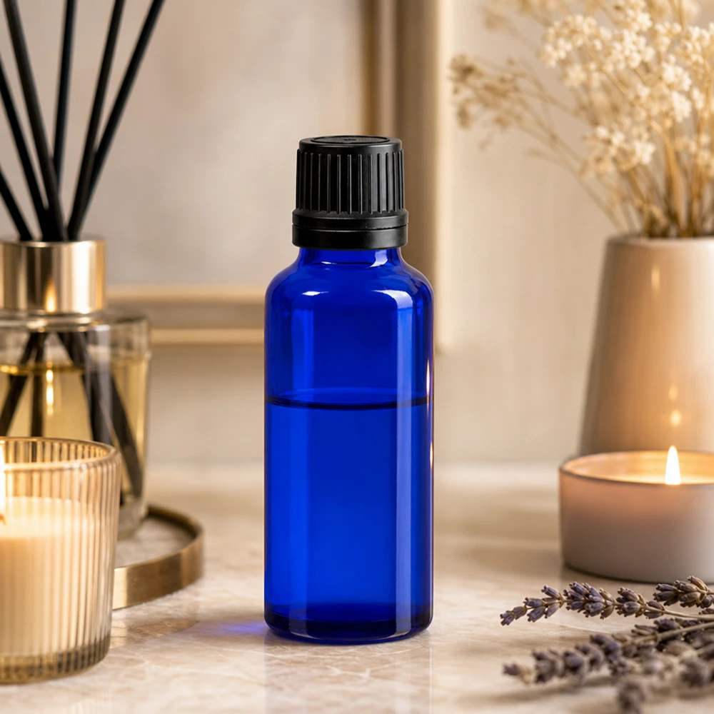 Frasco conta-gotas para aromaterapia de 30 ml, em vidro de proteção azul cobalto com tampa OV preta