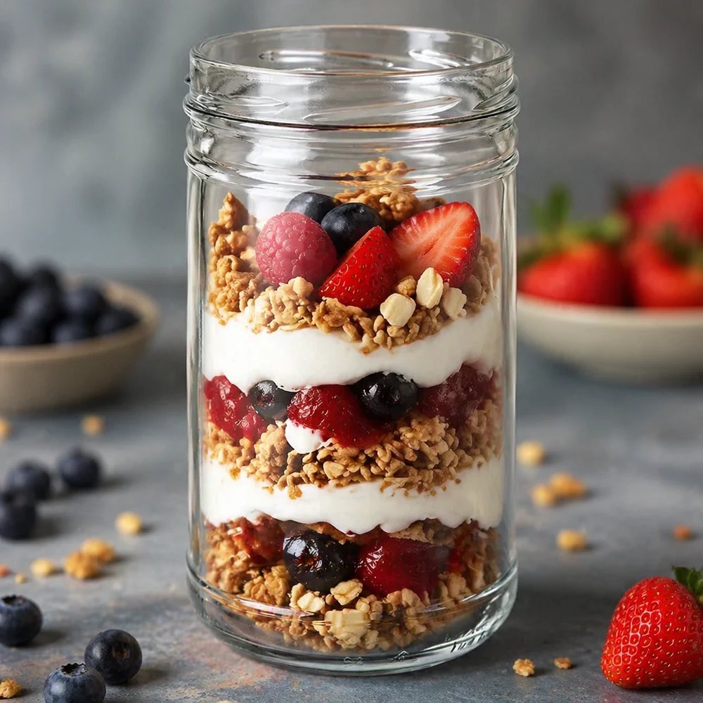 Copos de vidro de 1053 ml sem tampa (TO100) UNiTWIST Copos UNiTWIST 1053ml TO100 cheios de iogurte, muesli, bagas e sobremesas em camadas como exemplo de aplicação na cozinha
