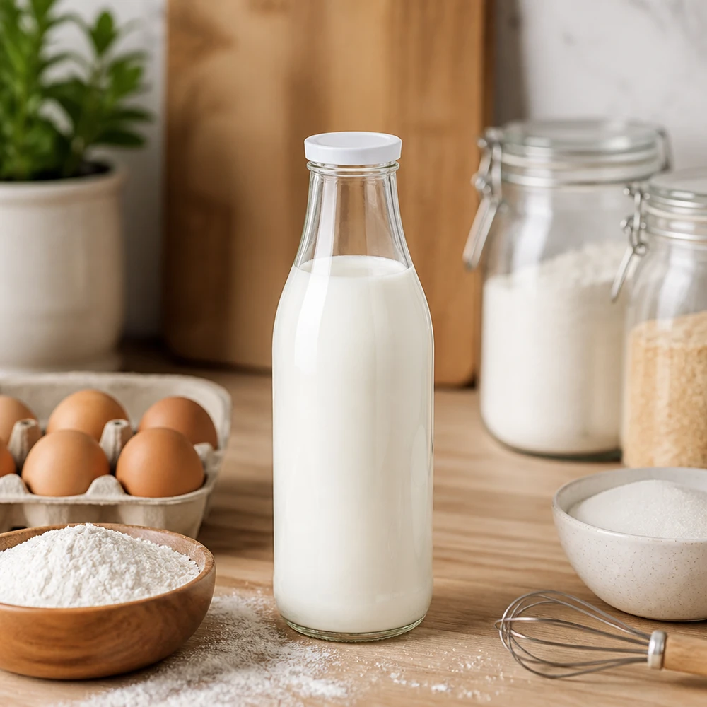 Garrafa de vidro de 1000 ml cheia de leite Tampa BasicSeal branca Cenário de cozinha Ingredientes para pastelaria Ovos Farinha Recipiente de armazenamento