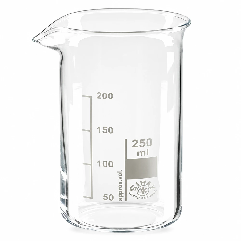 Copo 250ml em vidro borossilicato, forma alta Copo de laboratório de 250 ml, de formato alto, em vidro borossilicato transparente, com escala em mililitros, para laboratório