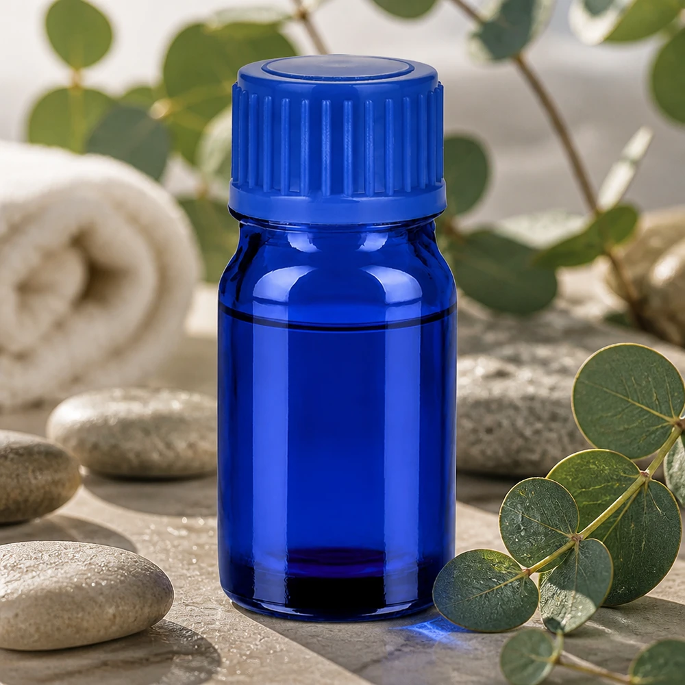 Frasco de vidro de 5 ml com tampa azul estriada para uma óptima aderência e fácil manuseamento