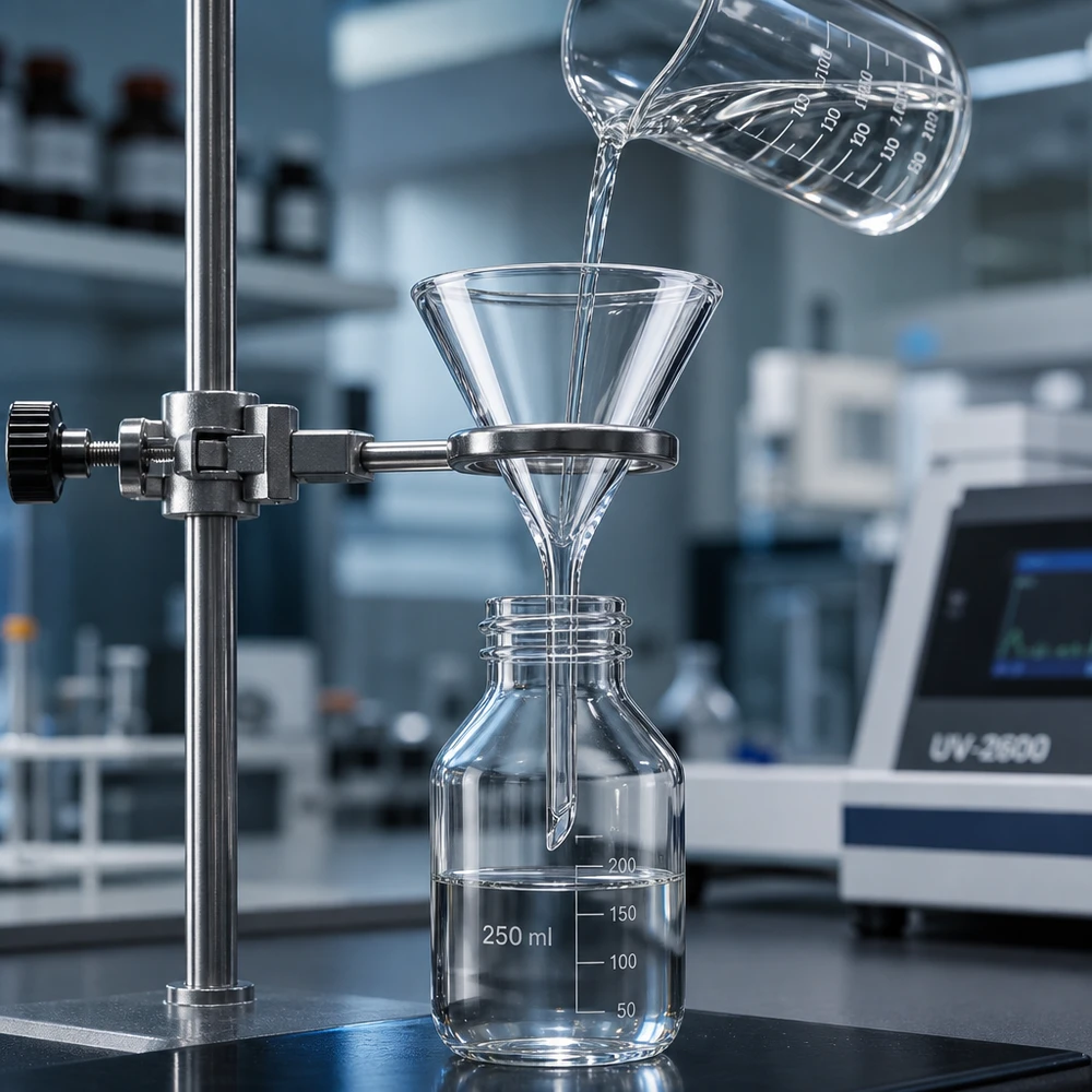 Funil ø40mm cal sodada, ângulo 60°, estilo curto Funil de laboratório compacto de 40 mm em vidro de cal sodada com pega curta que poupa espaço para espaços de trabalho confinados