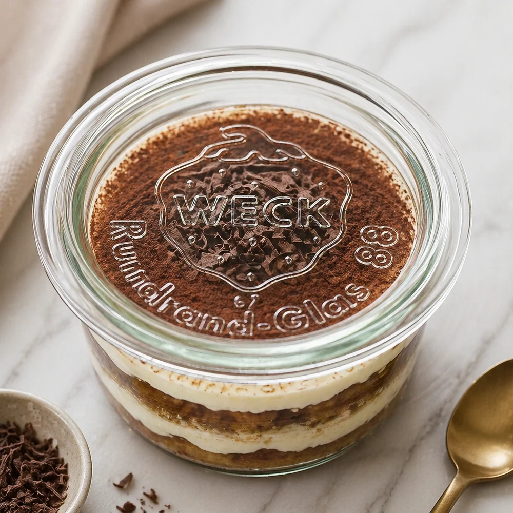 Tampa de vidro WECK RR80 Tampa de vidro WECK RR80 sobre sobremesa de tiramisu num frasco Weck com logótipo em relevo e pó de cacau como cenário de cozinha