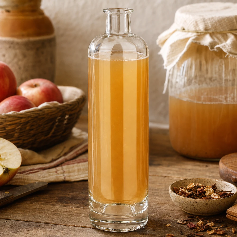500ml Glasflasche "Ella" ohne Verschluss UNiTWIST Garrafa de vidro de 500 ml de Ella UNiTWIST cheia de sumo de maçã ao lado de maçãs frescas e mel, cenário de cozinha rústica