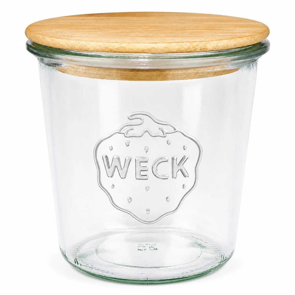Frasco de vidro WECK RR100 de 580 ml com tampa de madeira natural, frasco de vidro transparente com logótipo em relevo