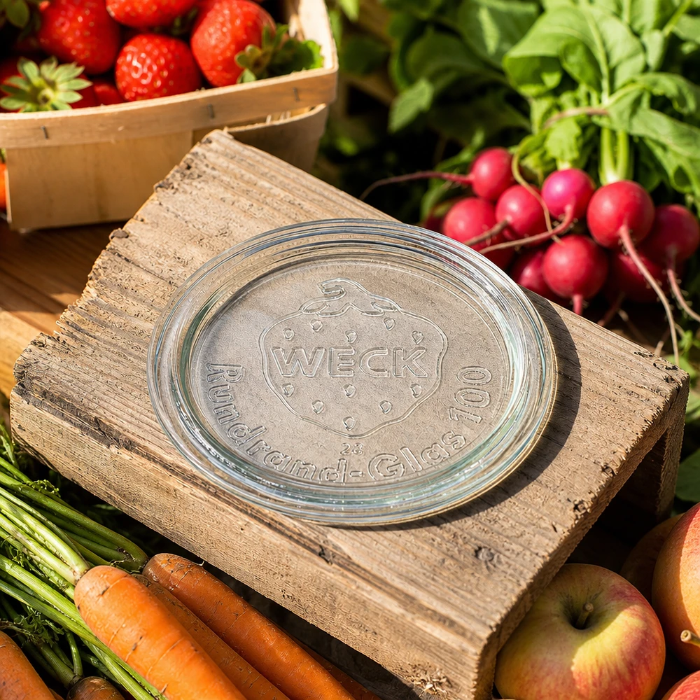 Tampa de vidro WECK RR100 sobre tábua de madeira com legumes frescos, fruta e morangos num cenário de jardim