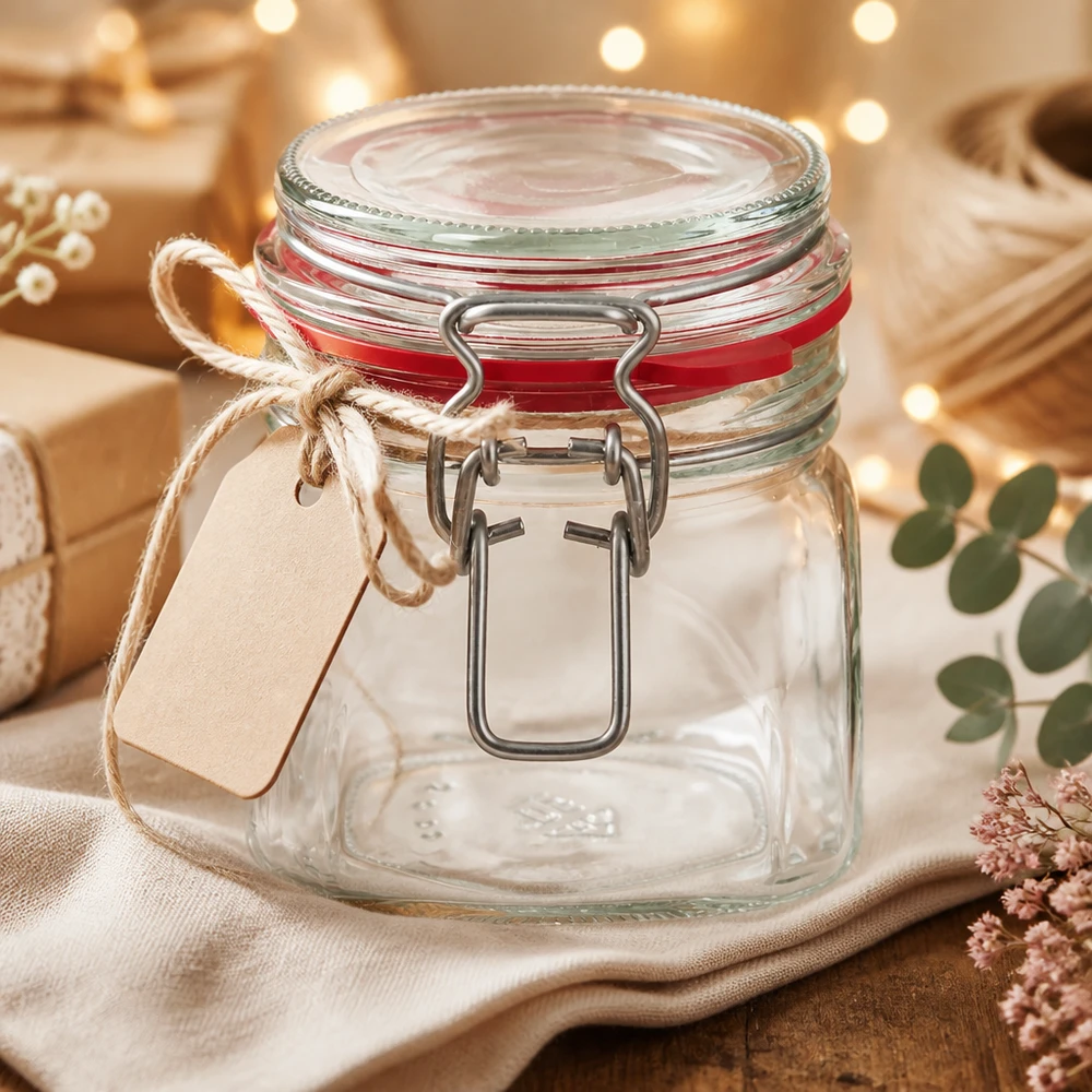 Frasco de conserva de 370 ml, tipo G, com tampa de alça UN.. Frasco de armazenamento compacto de 370 ml com pega metálica e etiqueta decorativa de papel kraft para oferta
