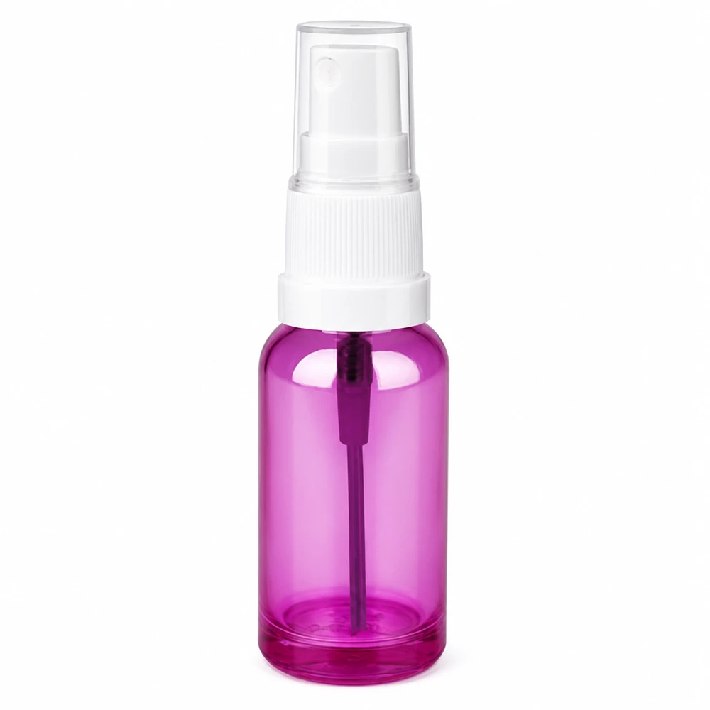 Frasco de spray de 20 ml branco/transparente Standard PurpleLine UT18/20 Frasco pulverizador de 20 ml transparente roxo com bomba pulverizadora branca para cosméticos e produtos de cuidado