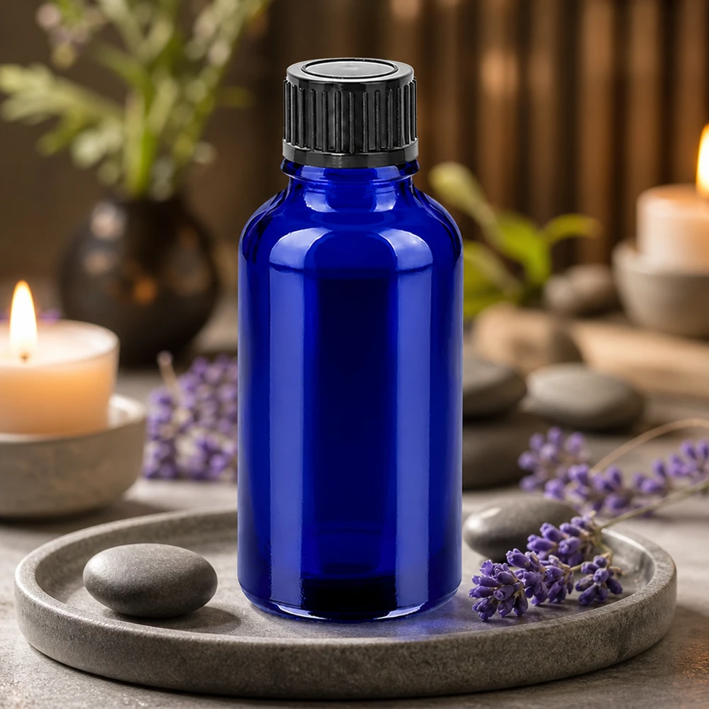 Frasco de vidro azul-cobalto de 30 ml com tampa de rosca de 11 mm para aplicações profissionais de aromaterapia