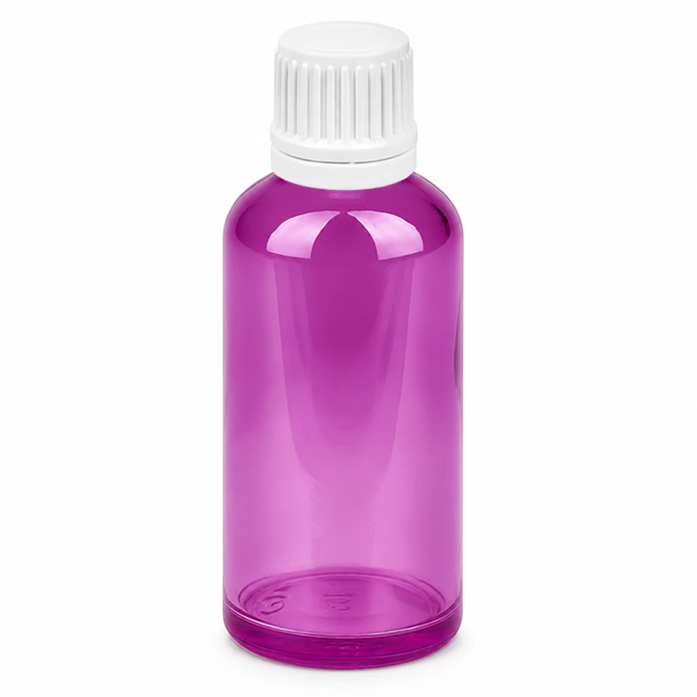 Frasco conta-gotas de 50 ml transparente púrpura com tampa branca para uma dosagem precisa