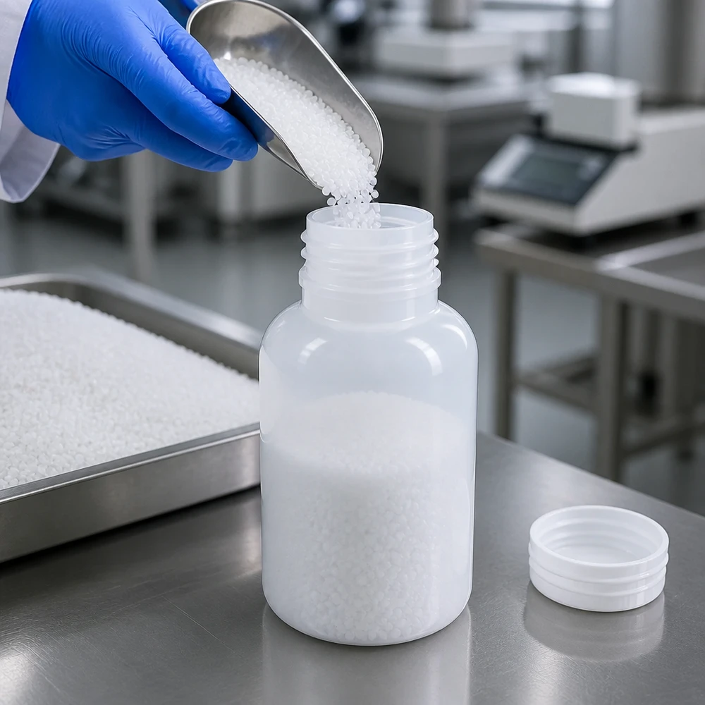 Frasco de laboratório de 250 ml com gargalo largo e sem tampa Garrafas brancas de 250 ml de gargalo largo, em HDPE, sem tampa, sobre uma superfície de aço inoxidável num laboratório