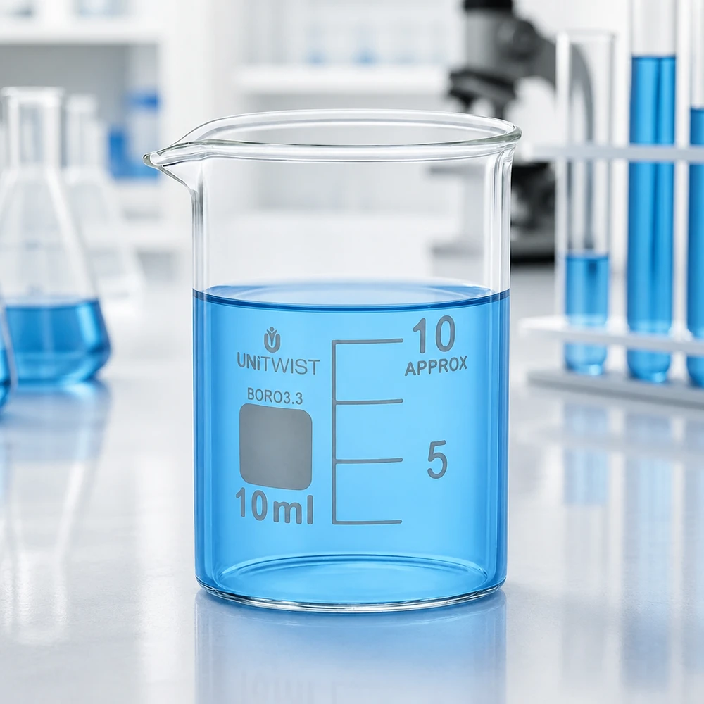 Vaso de laboratório de vidro transparente de 10 ml com um líquido azul sobre uma mesa de laboratório branca