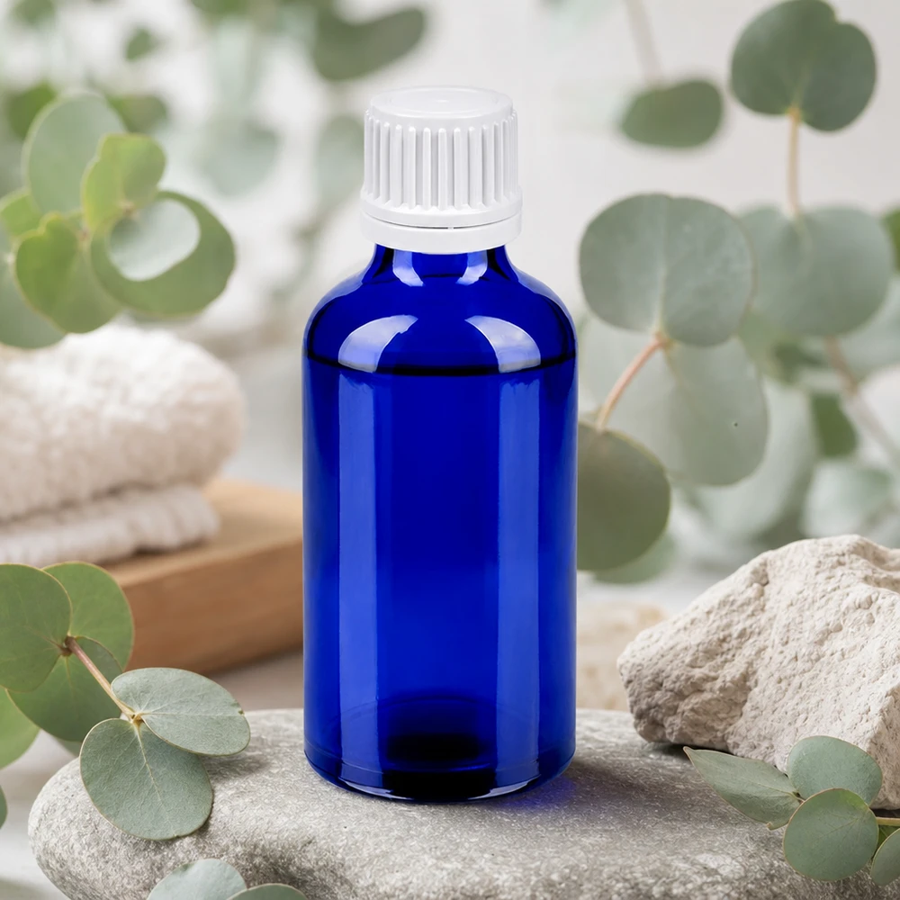 Frasco de 50ml com tampa de rosca de 11mm branca inviolável BlueLine UT18/50 Frasco de vidro compacto de 50 ml com rosca de 11 mm em azul elegante para aplicações de aromaterapia