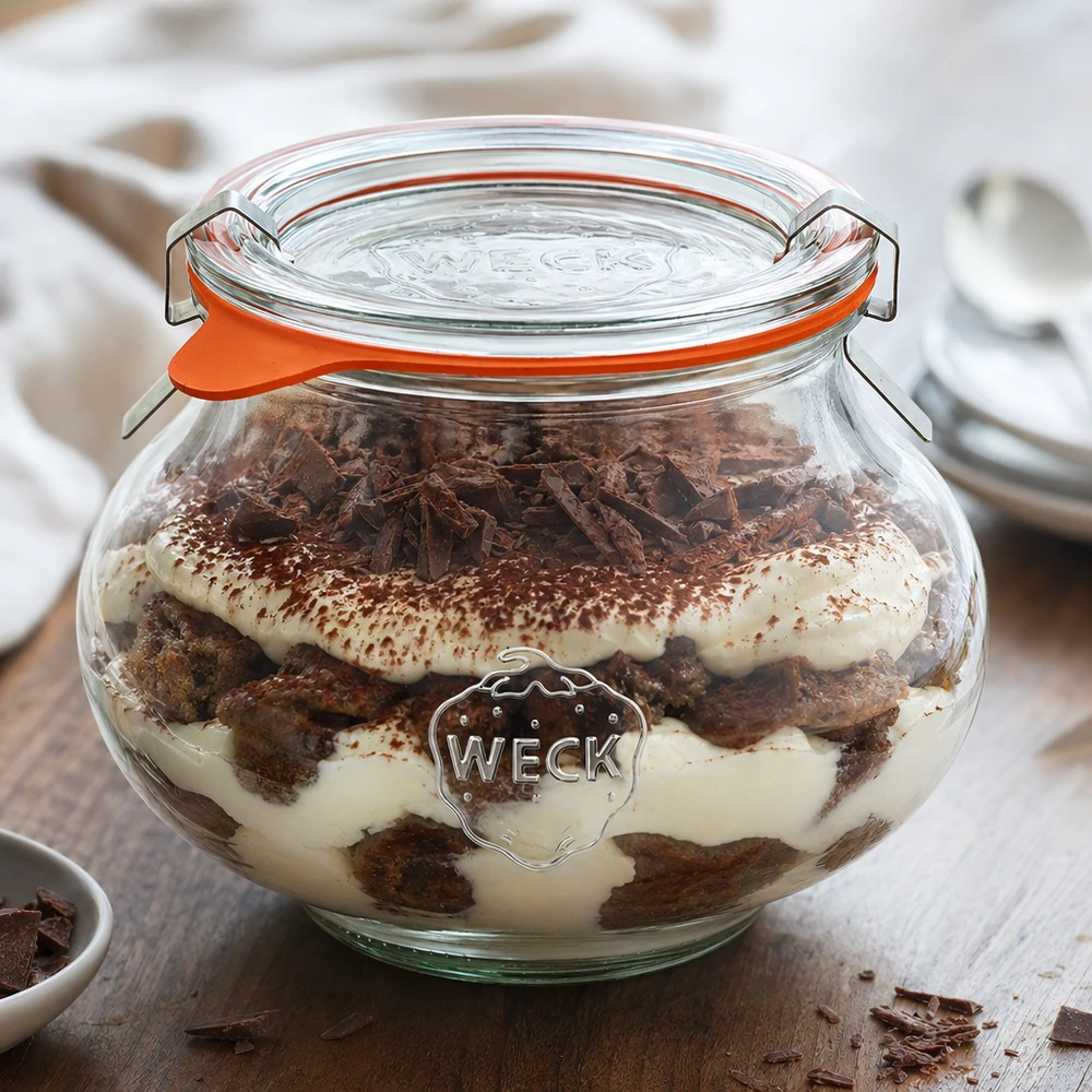 Frasco de conserva WECK 560ml cheio de sobremesa tiramisu, demonstração da utilização prática como frasco de conservação
