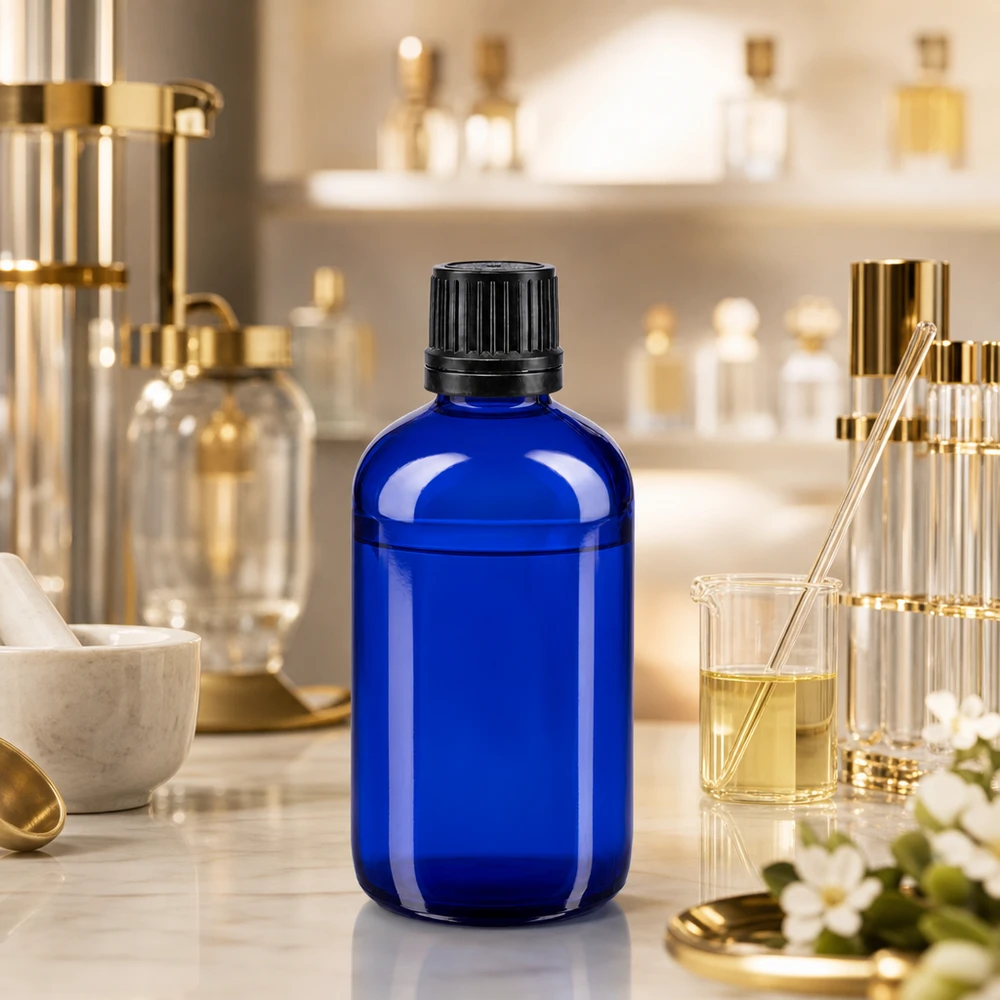 Frasco de farmácia azul de vidro de 100 ml com tampa OV preta no laboratório de perfumes