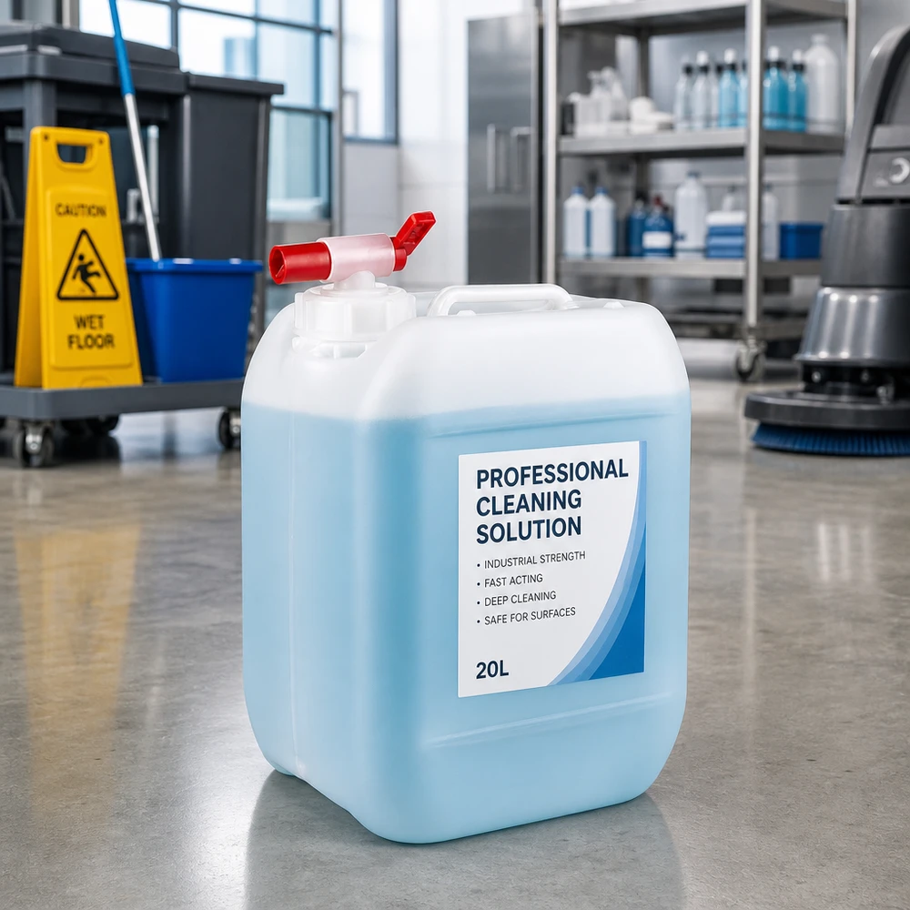 Bidão azul de 5 litros de produto de limpeza com torneira, sobre um pavimento de betão, num ambiente de limpeza profissional