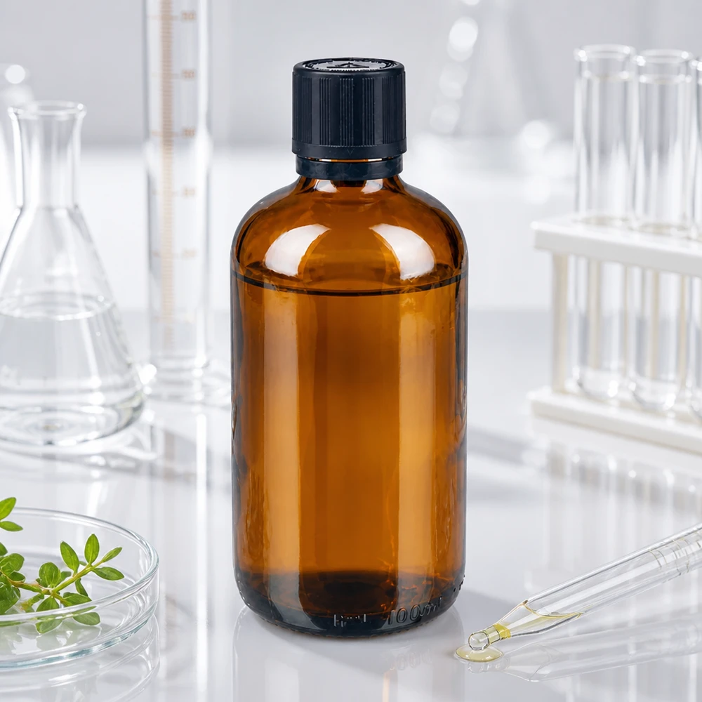 Frasco de vidro castanho de 100 ml com tampa de segurança para crianças preta, num laboratório, entre um frasco de Erlenmeyer e tubos de ensaio