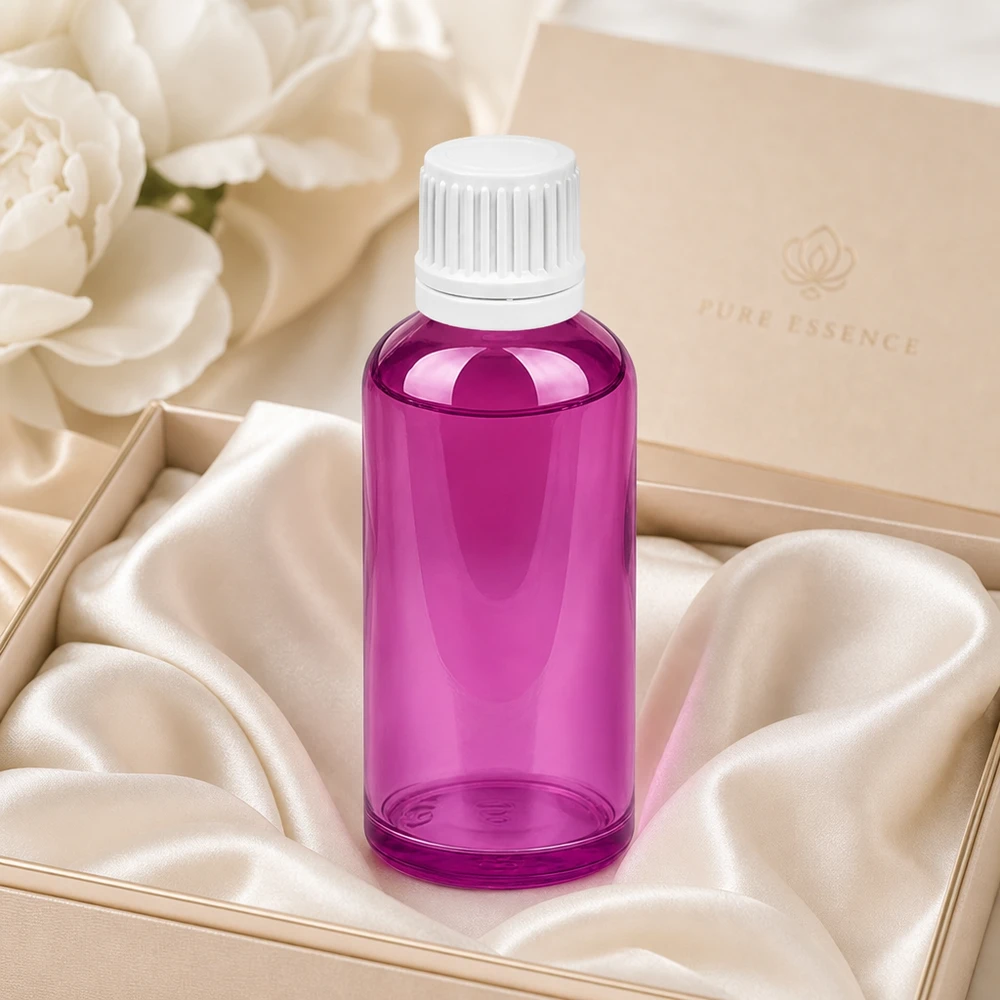 Frasco conta-gotas elegante de 50 ml em design Purple Line com tampa branca para aromaterapia