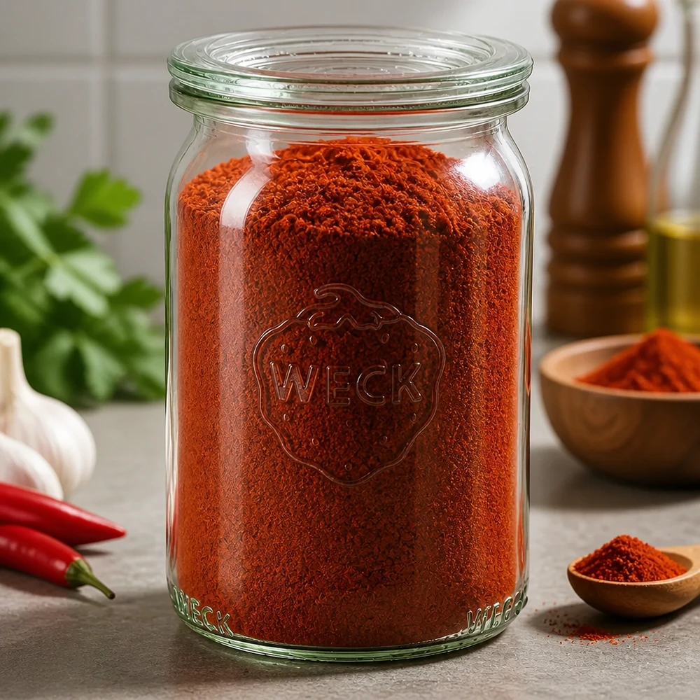 Frasco cilíndrico WECK de 145 ml RR40 cheio de paprica vermelha em pó num cenário de cozinha com especiarias e malaguetas