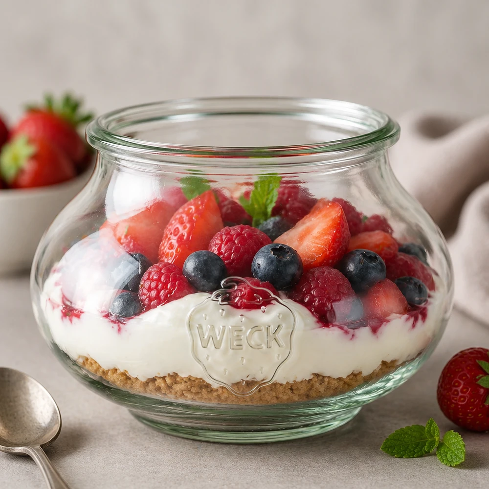 Frasco decorativo WECK RR80 de 560 ml WECK Schmuckglas 560ml RR80 als elegantes Dessertglas mit Beerenmischung und Creme für stilvolle Tischdekoration