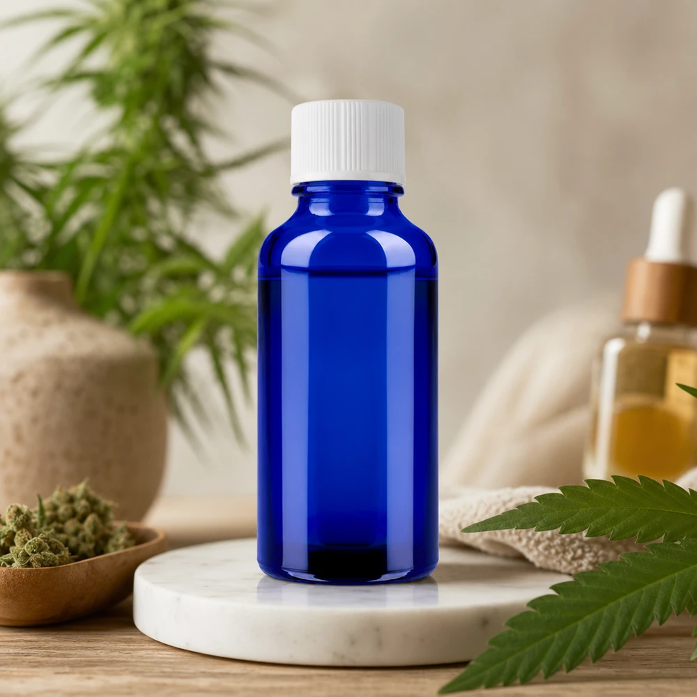 Frasco de 30 ml em vidro de alta qualidade em azul-cobalto com uma prática rosca de 11 mm