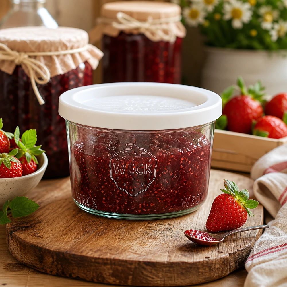 Frasco de conserva WECK RR80 de 200 ml cheio de compota de morango numa tábua de madeira rústica ao lado de morangos frescos