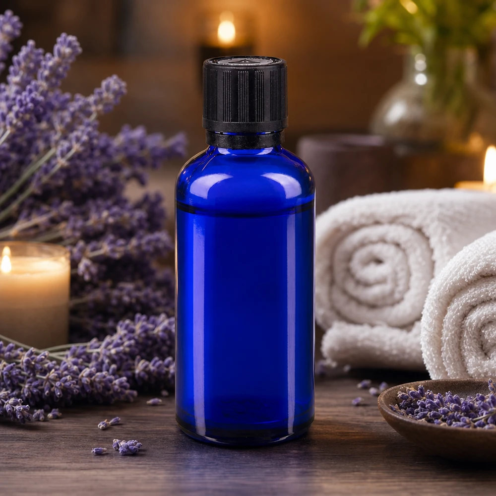 Frasco de farmácia azul 50ml conta-gotas tampa anel de vazamento 1mm preto fecho de segurança para crianças símbolo de aviso cego fecho inviolável Frasco de vidro azul de 50 ml com tampa conta-gotas, entre flores de lavanda e acessórios de bem-estar