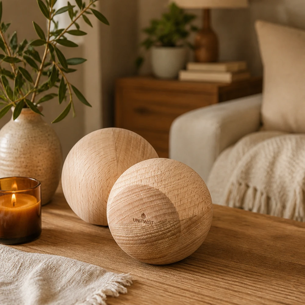 Bolas de faia de madeira UNiTWIST num ambiente acolhedor - decoração elegante numa mesa de madeira ao lado de uma vela