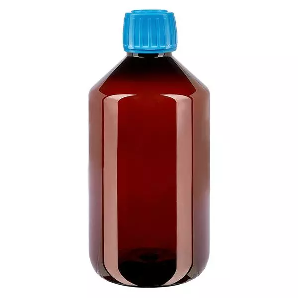 Frasco PET 500ml com tampa azul inviolável Frasco PET 500ml com tampa azul inviolável