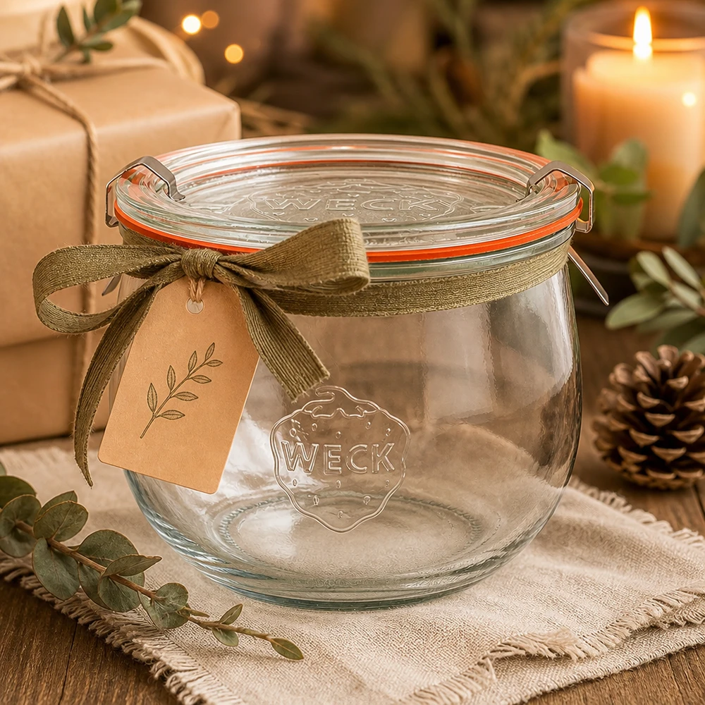 Jarro de tulipas WECK 580ml RR100 vazio como ideia de presente com fita e etiqueta numa decoração de Natal acolhedora