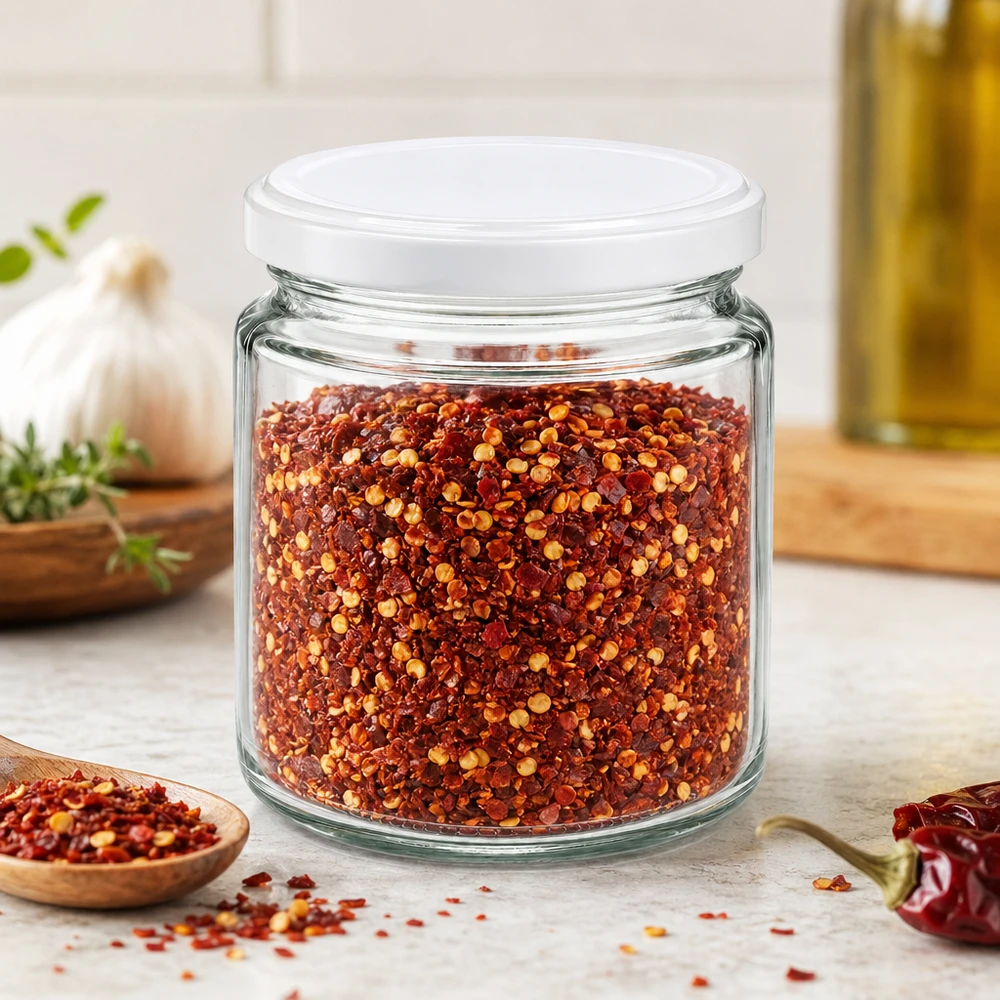 Frasco de mel de 250 ml com tampa BasicSeal branca cheio de flocos de malagueta vermelha num cenário de cozinha mediterrânica