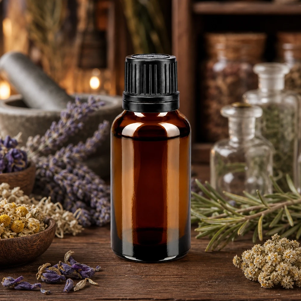 Frasco de vidro de 20 ml na cor âmbar com tampa OV preta, rodeado por lavanda e ervas medicinais