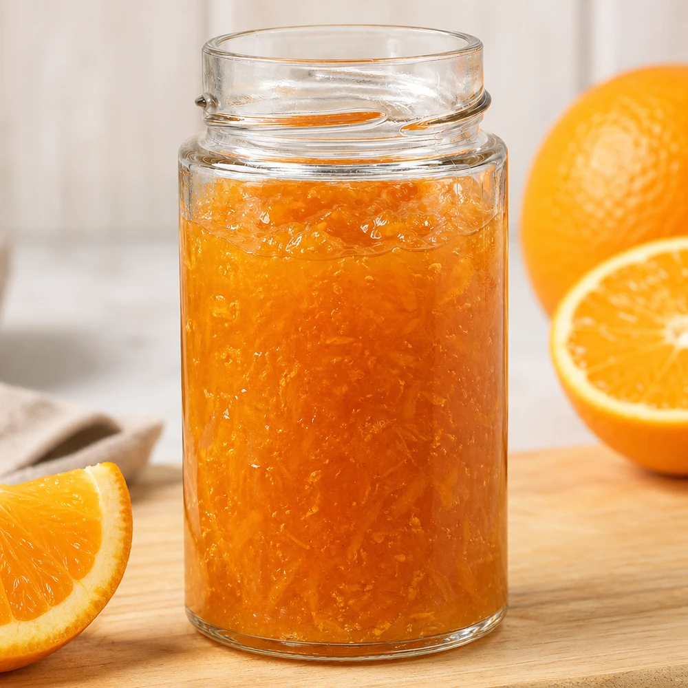UNiTWIST Runda245 copo redondo de 245 ml cheio de marmelada de laranja numa tábua de madeira ao lado de fatias de laranja frescas