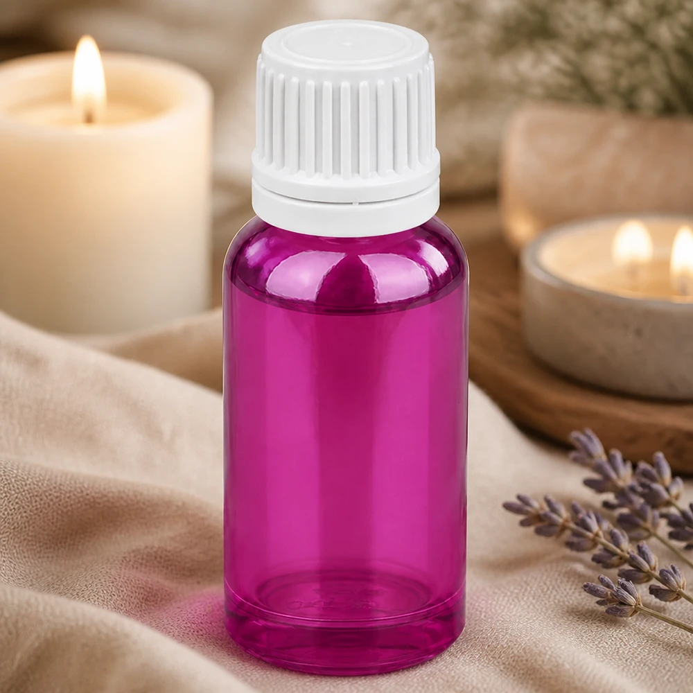 Frasco conta-gotas de 20 ml em plástico de alta qualidade com design Purple-Line e tampa branca