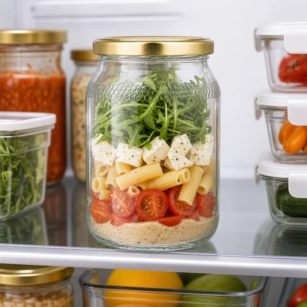 Frasco de mel de 900 ml como recipiente de preparação de refeições no frigorífico - tampa dourada para guardar saladas e fazer reservas