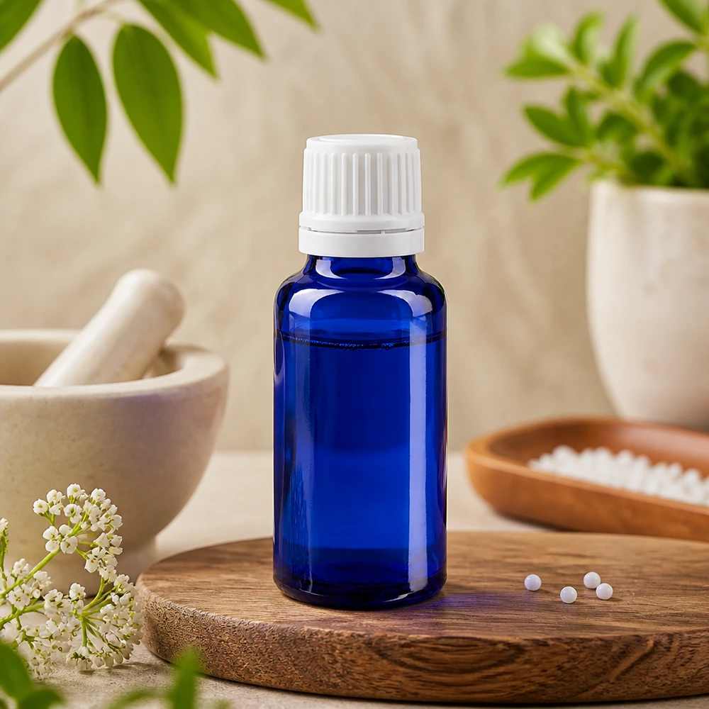 Frasco de farmácia azul cobalto de 20 ml com tampa de rosca branca, sobre uma tábua de madeira, ao lado de glóbulos homeopáticos